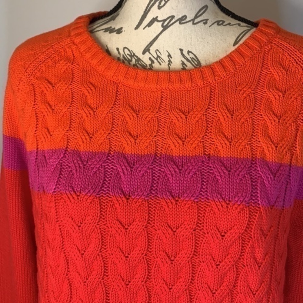 Lands’ End Drifter cotton cable color block sweater XL 18 - Picture 2 of 7